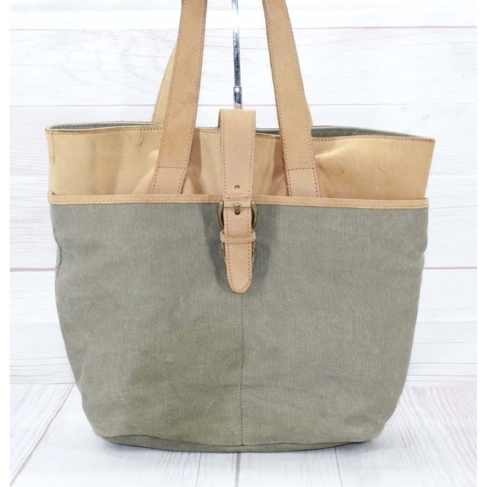 Vintage LL Bean Green Tan Cotton Colorblock Buckle Shoulder Tote Bag - Picture 2 of 10